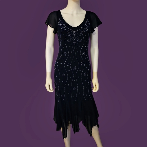 Vtg METAPHOR 1990s Navy Blue Beaded Assymetric Fishtail Chiffon Evening Dress - Picture 1 of 10